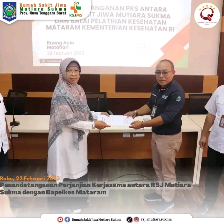 TINGKATKAN MUTU PELATIHAN BIDANG KESEHATAN, RSJ MUTIARA SUKMA LAKUKAN PENANDATANGANAN KERJASAMA DENGAN BAPELKES MATARAM